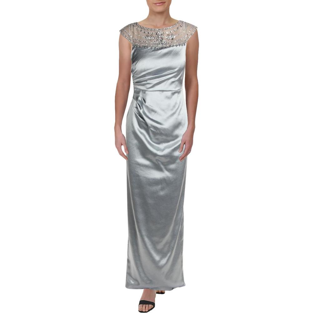 Adrianna Papell Womens Blue Embellished Mesh Inset Metallic Evening Dress NWOT